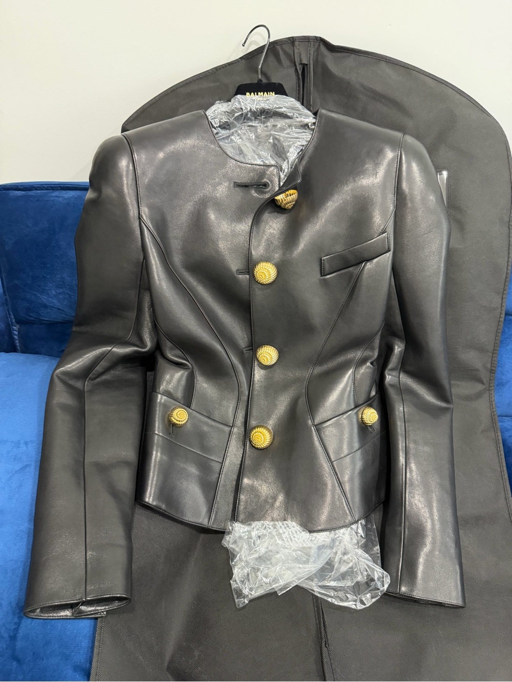 Balmain Black Leather Blazer with Gold Emblem brand new with tags